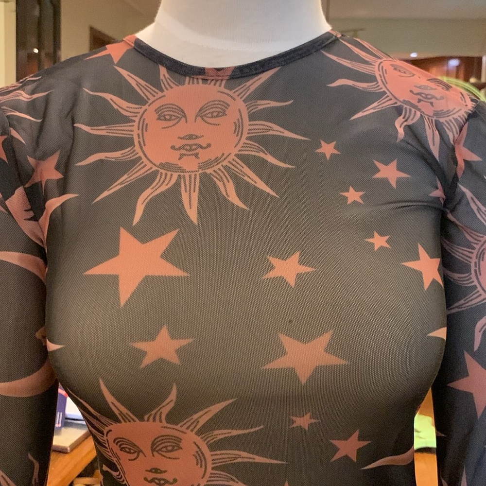 SUN MOON STARS SHEER MESH LONG SLEEVE CROPPED TOP.